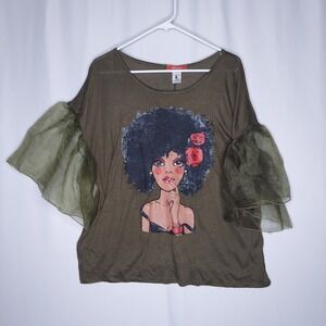 Rainbow Y2K Graphic Afro Woman Top Jrs 1XL Green Tulle Ruffle Short Sleeve 00s